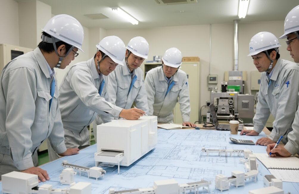 工場の図面を広げ、トンネル型フリーザーの模型を配置しながらレイアウトを検討する技術者たち