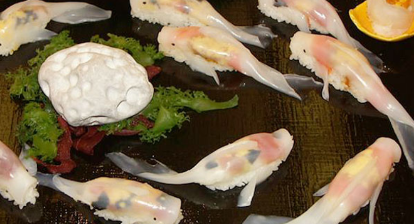 3D凍結して解凍した鯉に見立てた冷凍寿司