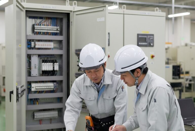 分電盤の前で、電気工事士と工場の技術者が図面を見ながら打ち合わせをしている様子