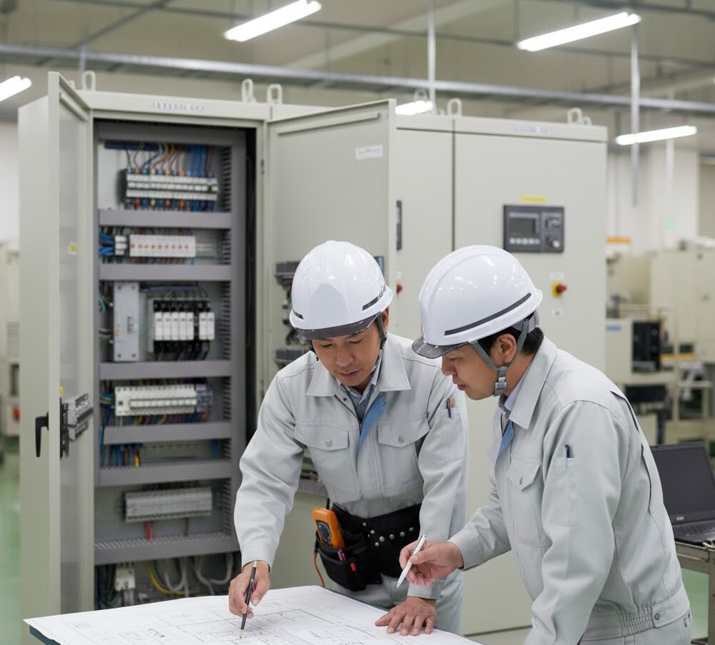 分電盤の前で、電気工事士と工場の技術者が図面を見ながら打ち合わせをしている様子