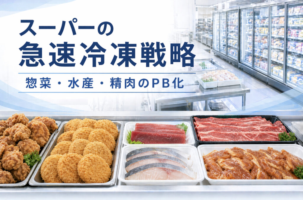 スーパーマーケットの惣菜と水産と精肉をPB冷凍商品化するイメージ