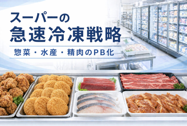 スーパーマーケットの惣菜と水産と精肉をPB冷凍商品化するイメージ