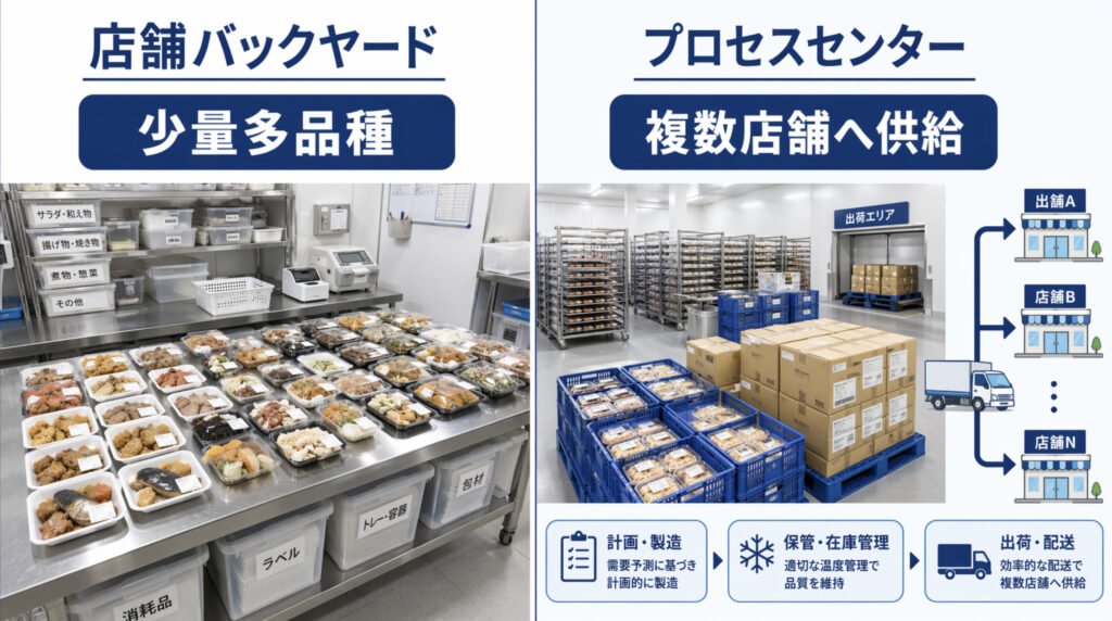 スーパーの店舗バックヤードとプロセスセンターで急速冷凍を使い分けるイメージ