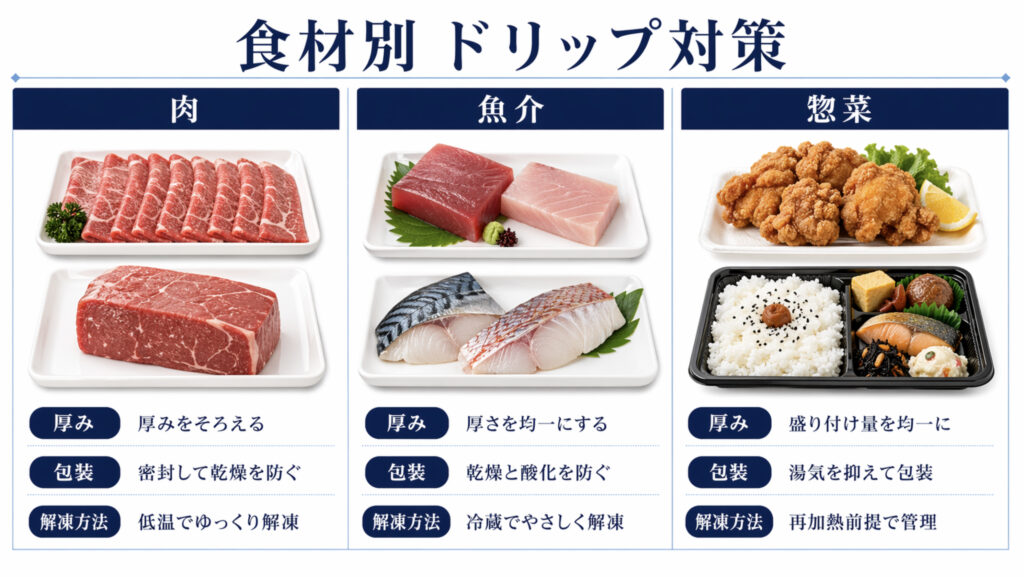 肉魚惣菜それぞれのドリップ対策を比較した食品別チェック図