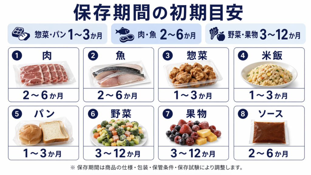 保存期間の初期目安 惣菜・パン 1〜3か月 肉・魚 2〜6か月 野菜・果物 3〜12か月