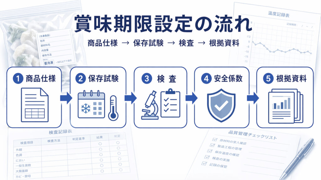 冷凍食品の賞味期限を商品仕様と保存試験と検査結果で設定する流れ