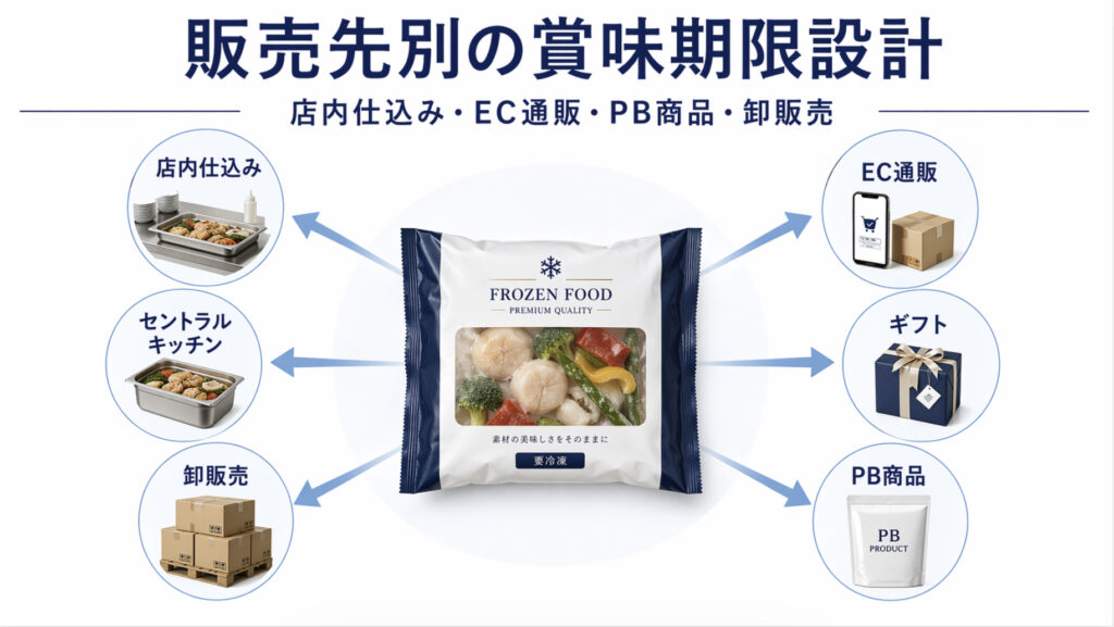 ```text 冷凍食品の賞味期限を店内仕込みやEC通販やPB商品や卸販売で分けて考える図解
