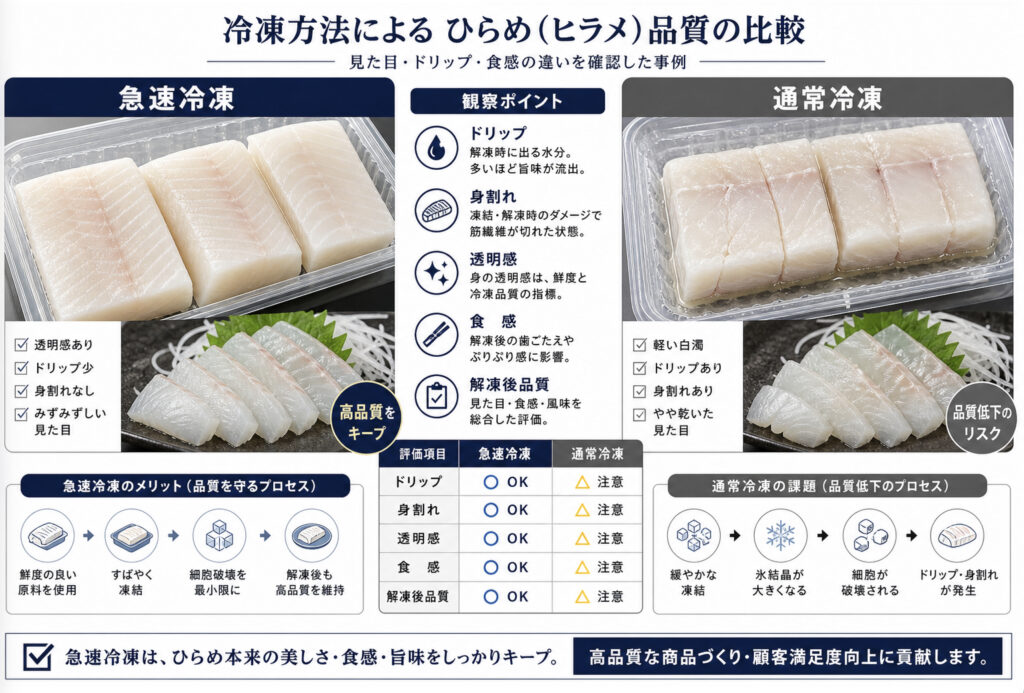 ヒラメの急速冷凍と通常冷凍によるドリップと身割れの比較