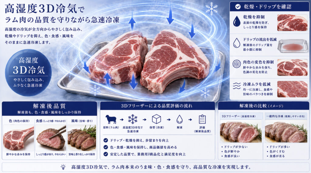 ラム肉の急速冷凍で高湿度3D冷気で凍結品質を確認するイメージ
