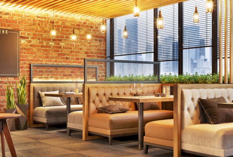 Modern cafe design interior with a brick wall. Loft design. Coff