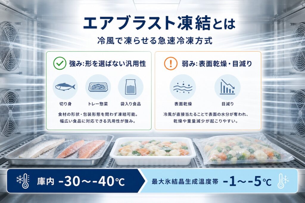 エアブラスト凍結の仕組み・汎用性・表面乾燥リスクを一枚にまとめた業務用急速冷凍の解説アイキャッチ