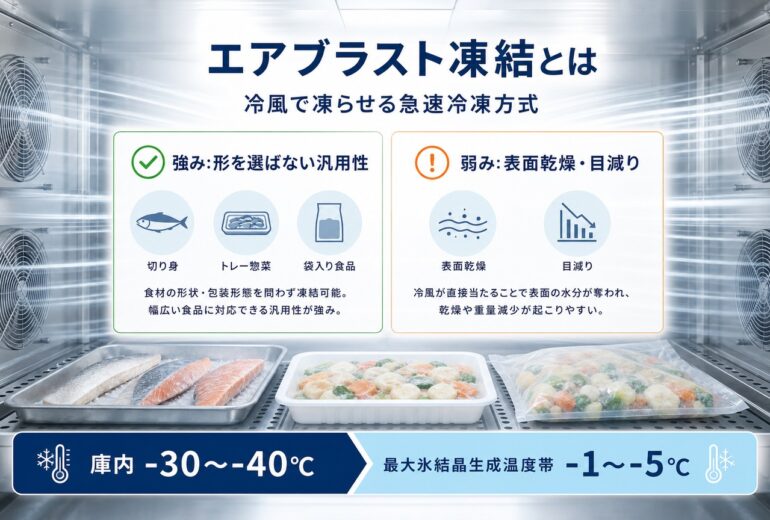 エアブラスト凍結の仕組み・汎用性・表面乾燥リスクを一枚にまとめた業務用急速冷凍の解説アイキャッチ