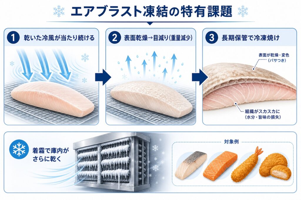 乾いた冷風による表面乾燥が目減りと冷凍焼けへ進む連鎖と着霜による乾燥悪化を示す図解