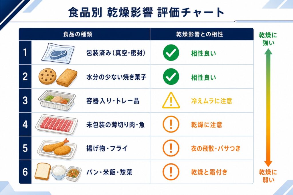 包装済み・容器入り・未包装・揚げ物・パン米飯・焼き菓子の商品状態別にエアブラスト凍結の相性を示す適性表