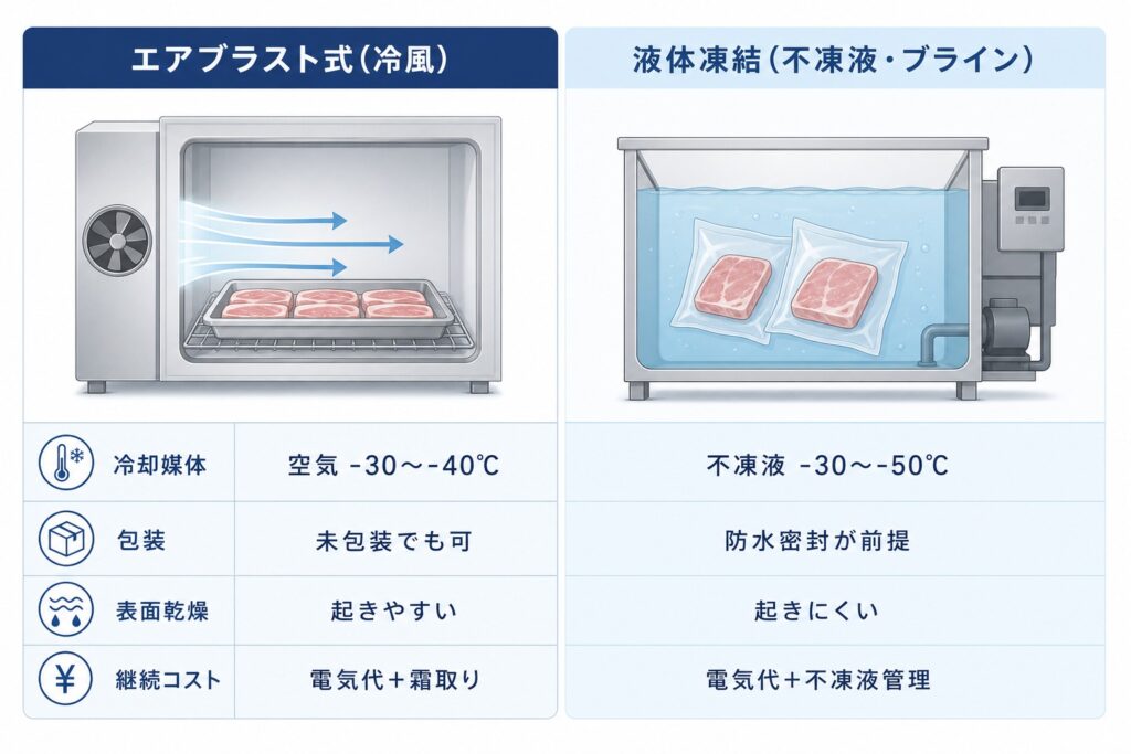エアブラスト式と液体凍結を冷却媒体・包装条件・表面乾燥・継続コストで左右に並べて比較した図解