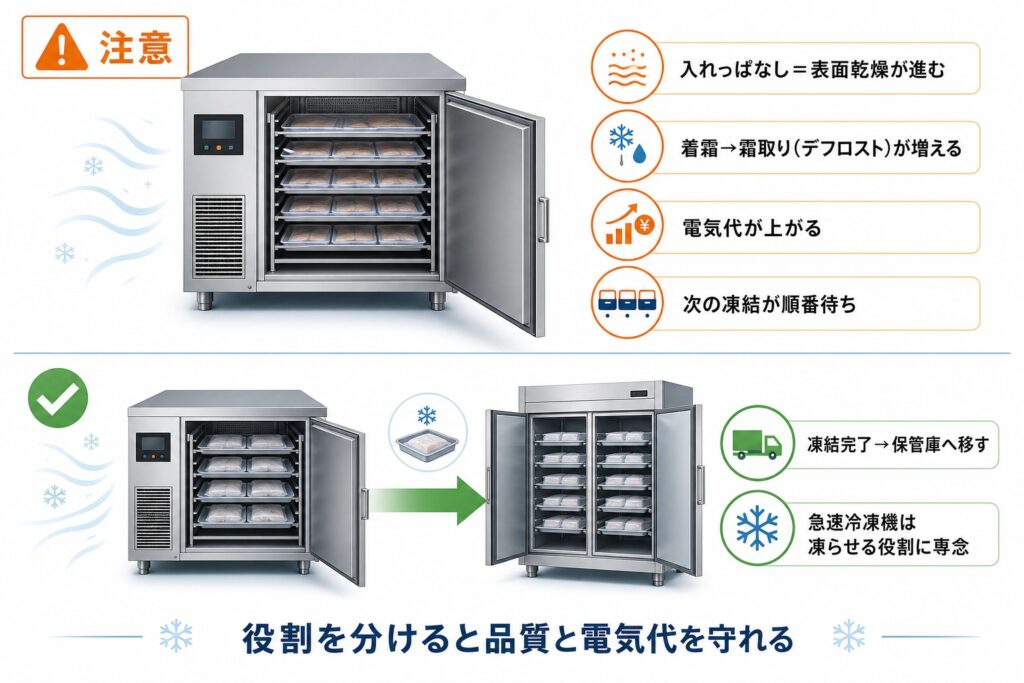 急速冷凍機を保管庫代わりに入れっぱなしにすると乾燥・霜付き・電気代が増える悪化と正しい工程動線を対比した図解
