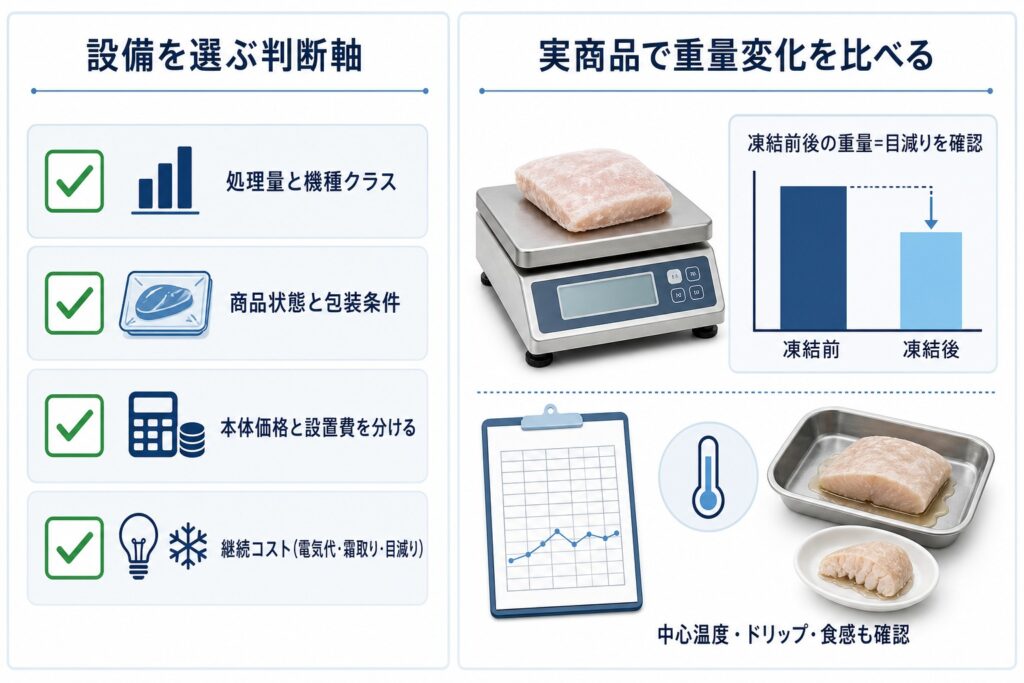 処理量・包装・継続コストの選定軸と、実商品で凍結前後の重量変化を量って適性を確かめる凍結テストのチェック図解