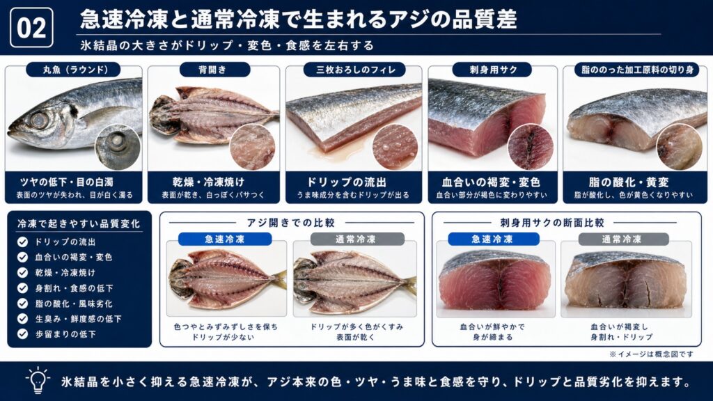 急速冷凍と通常冷凍によるアジ(丸魚・開き・フィレ・刺身用サク)の品質差