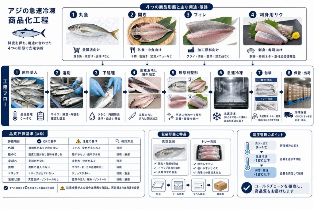 アジ(丸魚・開き・フィレ・刺身用サク)を急速冷凍して商品化するまでの商品状態と工程
