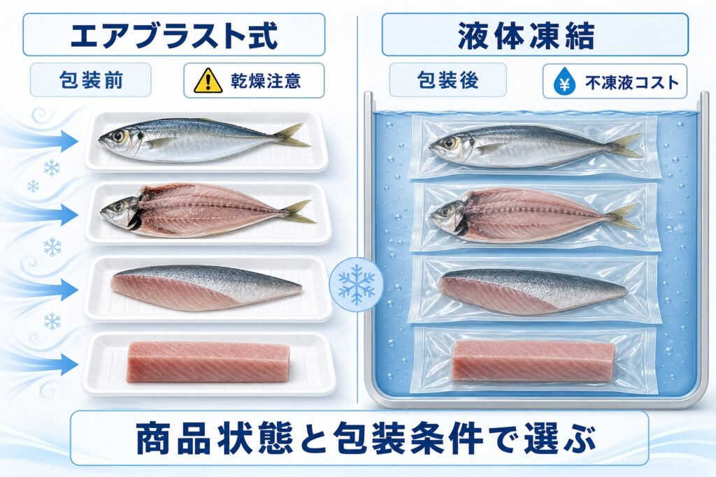アジ(丸魚・開き・フィレ・刺身用サク)をエアブラスト式(包装前)と液体凍結(包装後)で凍らせる違いの比較図