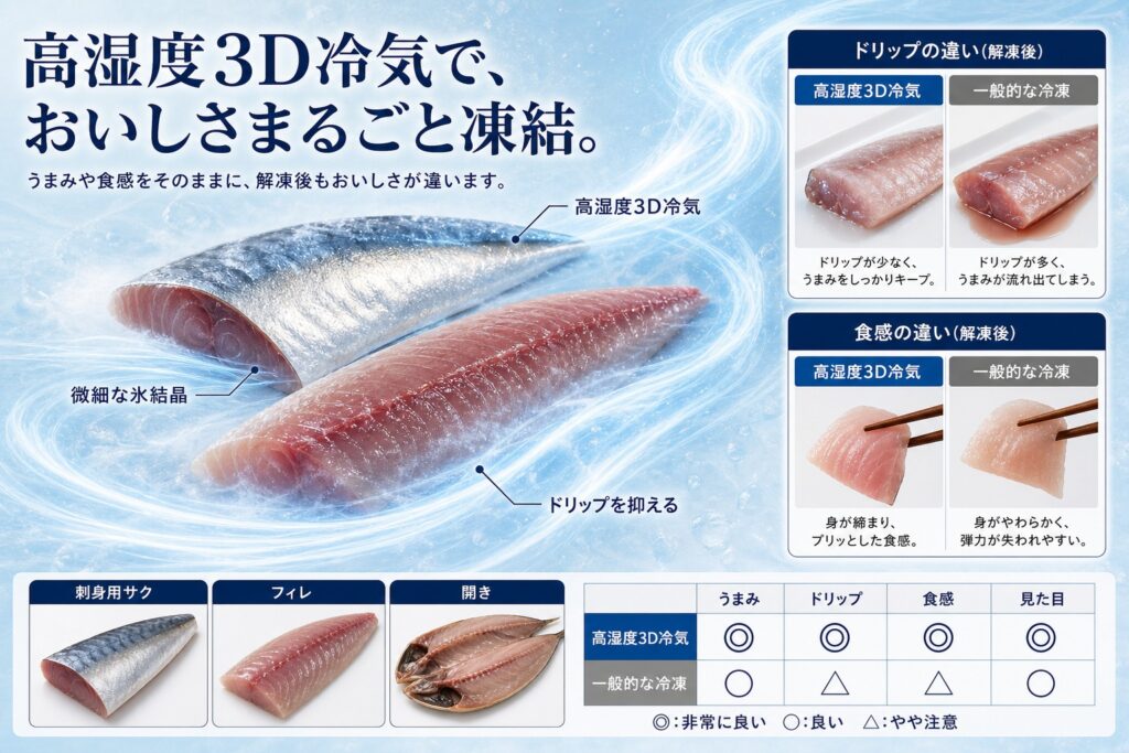 高湿度3D冷気でアジ(丸魚・開き・フィレ・刺身用サク)を均一に凍結する仕組み