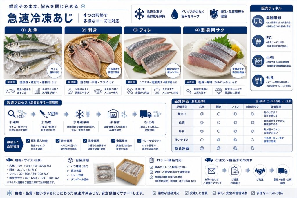 急速冷凍したアジ(丸魚・開き・フィレ・刺身用サク)の販路と商品設計