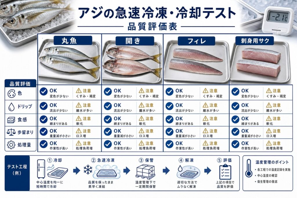 アジ(丸魚・開き・フィレ・刺身用サク)の冷凍・冷却テストの確認項目