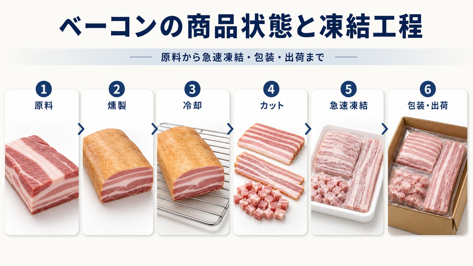 ベーコンを急速冷凍して商品化するまでの商品状態と工程