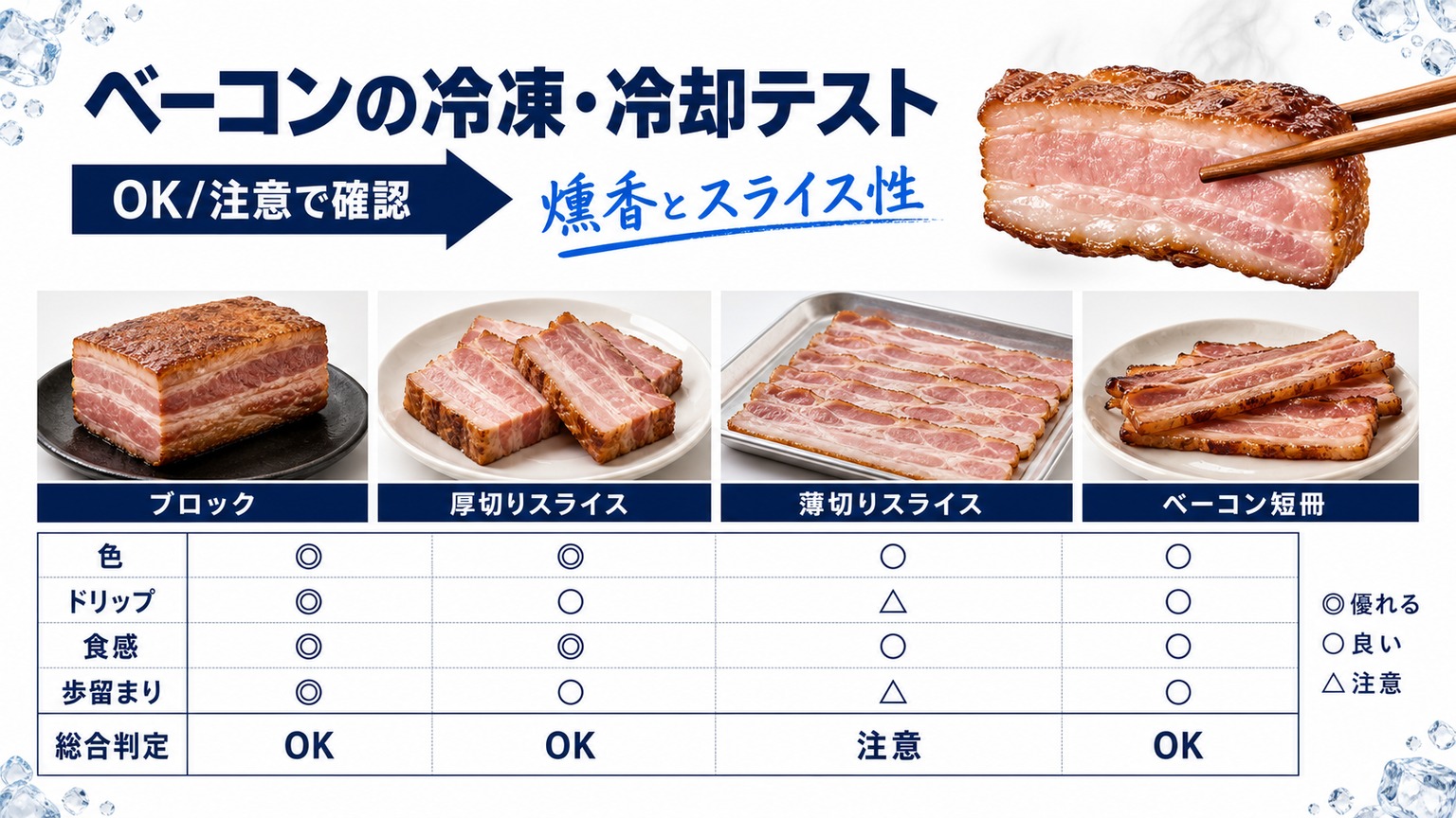 ベーコンの冷凍・冷却テストの確認項目