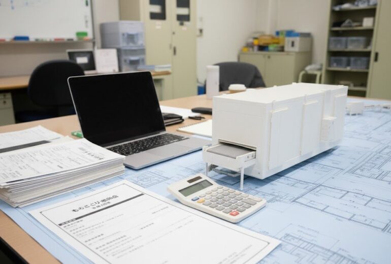 補助金の書類と電卓、そしてトンネル型フリーザーの模型が置かれたデスクのイメージ