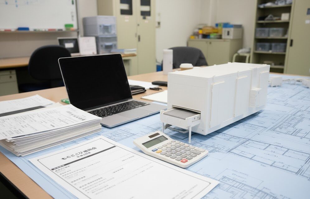 補助金の書類と電卓、そしてトンネル型フリーザーの模型が置かれたデスクのイメージ