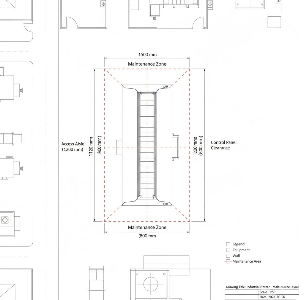 フリーザー本体の周りに必要なメンテナンススペースの寸法を示した上面図