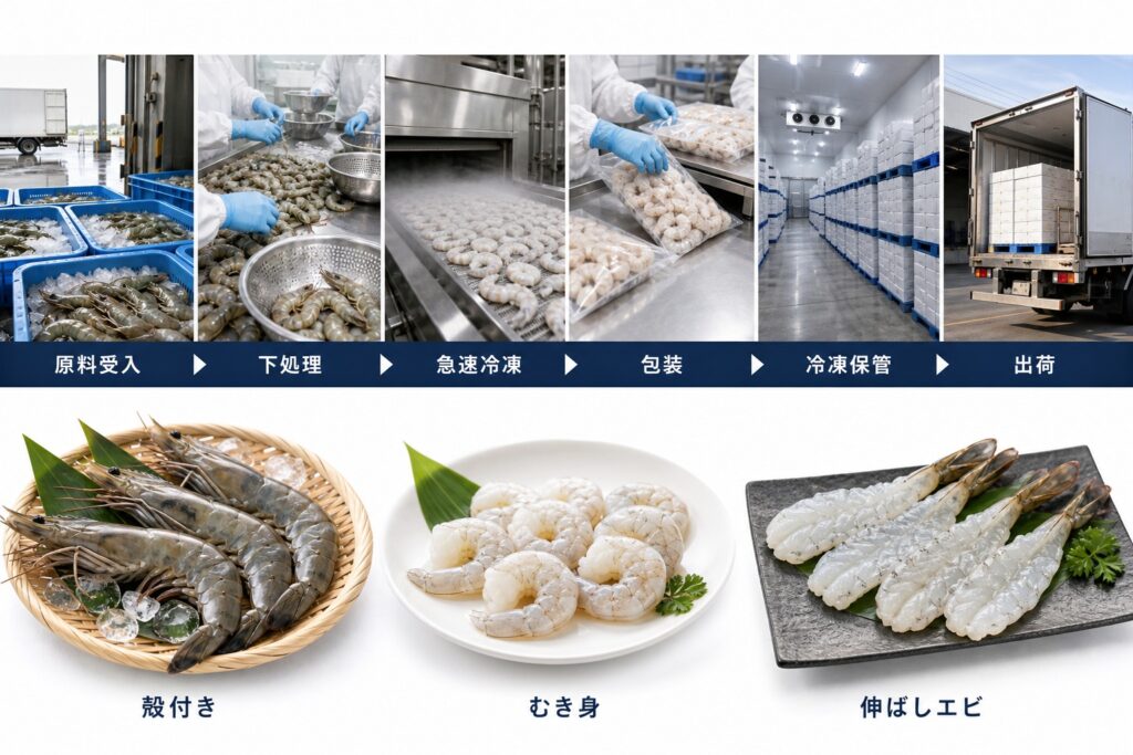 エビ(殻付き・むき身・有頭・フライ用)を急速冷凍して商品化するまでの商品状態と工程