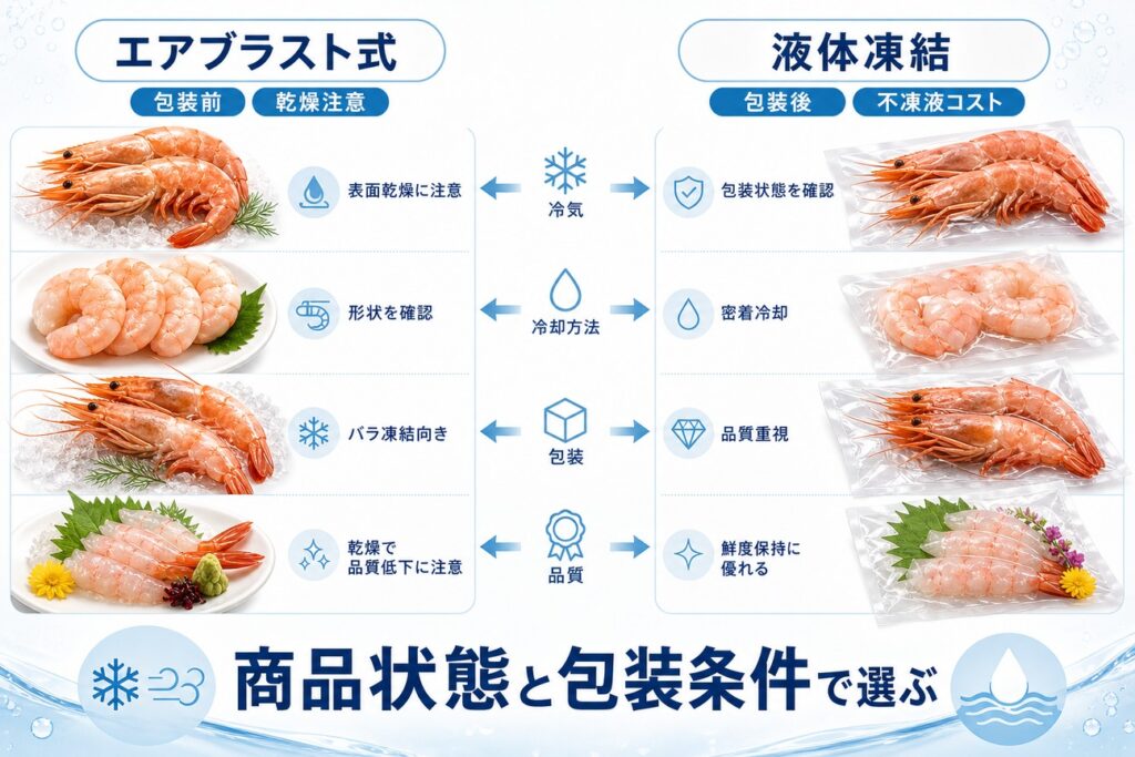 殻付き・むき身・刺身用エビでエアブラスト式(包装前)と液体凍結(包装後)を比較する図解