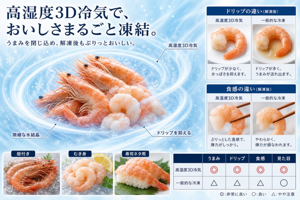 高湿度3D冷気でエビ(殻付き・むき身・有頭・フライ用)を均一に凍結する仕組み