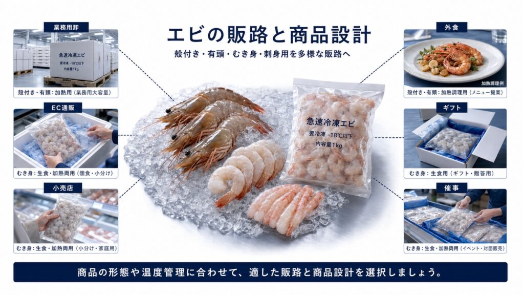 急速冷凍したエビ(殻付き・むき身・有頭・フライ用)の販路と商品設計