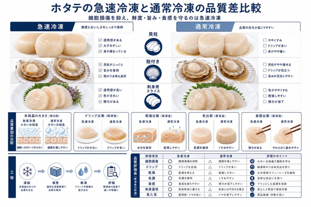 急速冷凍と通常冷凍によるホタテ(貝柱・殻付き・刺身用)の品質差