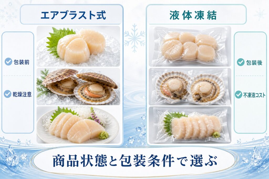 貝柱・殻付き・刺身用ホタテでエアブラスト式(包装前)と液体凍結(包装後)を比較する図解
