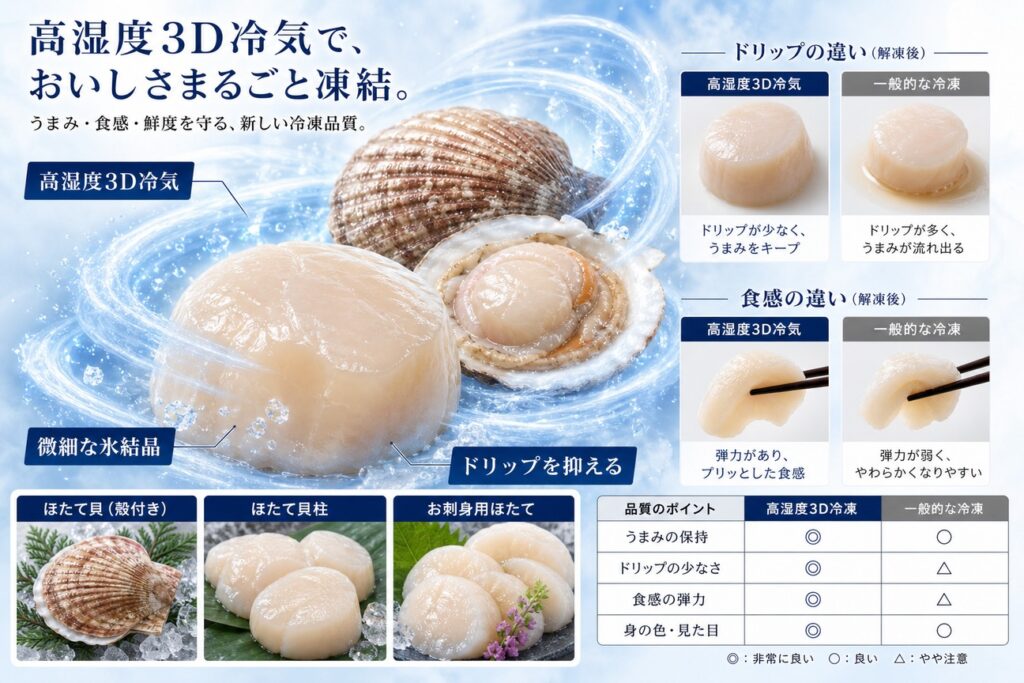 高湿度3D冷気でホタテ(貝柱・殻付き・刺身用)を均一に凍結する仕組み