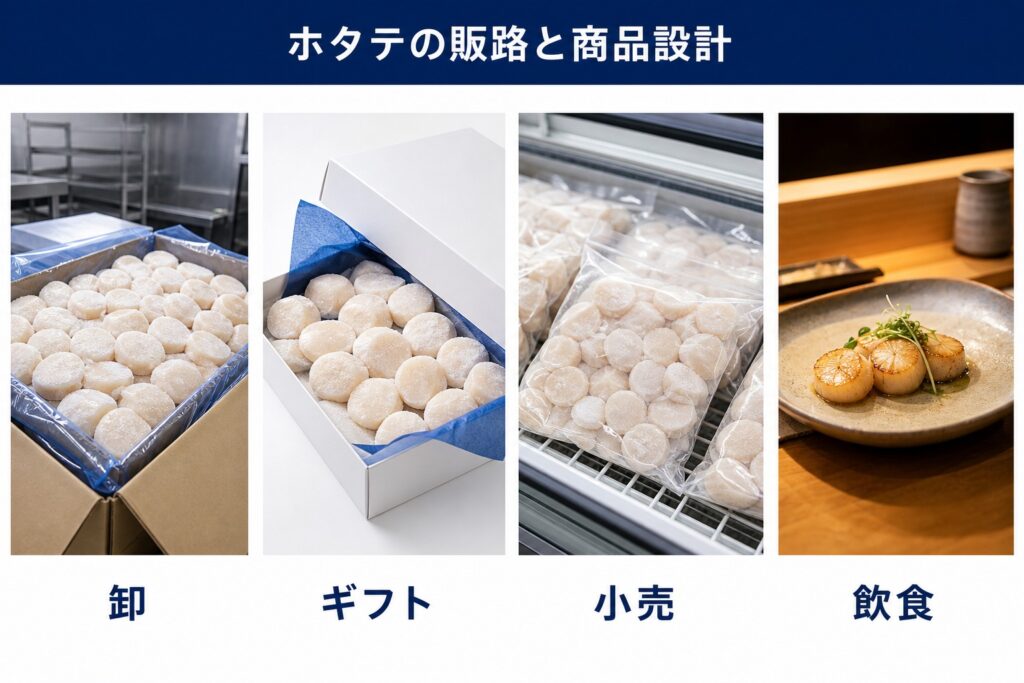 急速冷凍したホタテ(貝柱・殻付き・刺身用)の販路と商品設計