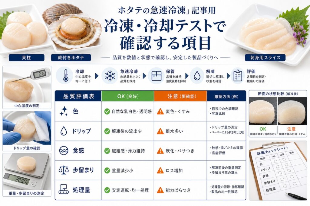 ホタテ(貝柱・殻付き・刺身用)の冷凍・冷却テストの確認項目