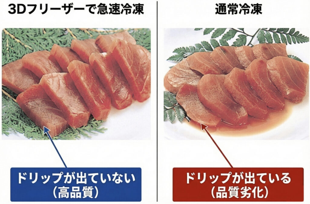 マグロを急速冷凍後、通常冷凍後に解凍してドリップを比較している写真