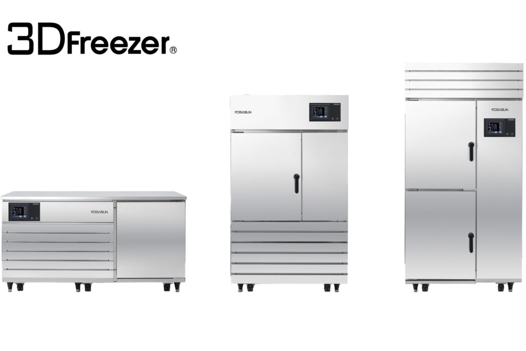 卓上型のテーブルモデルや1枚扉、2枚扉の急速冷凍機が横並びになっている。