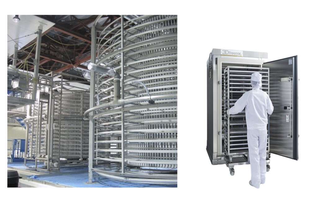 スパイラルフリーザーとバッチ式が並んでいる