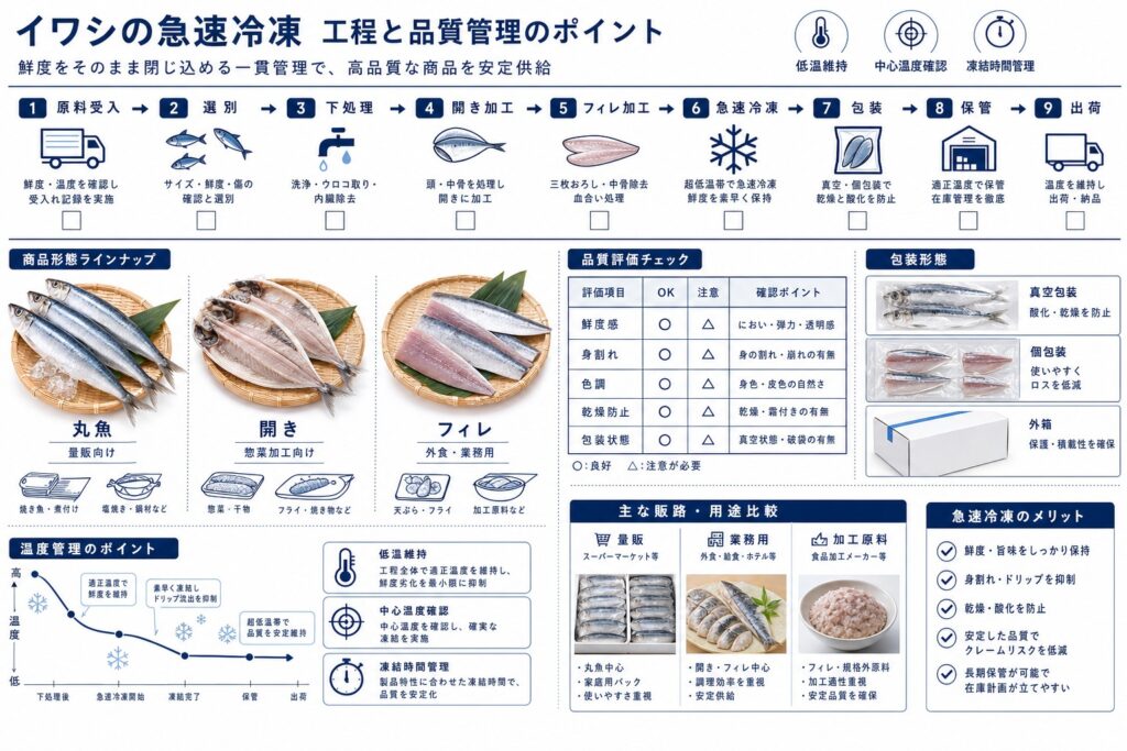 イワシ(丸魚・開き・フィレ)を急速冷凍して商品化するまでの商品状態と工程