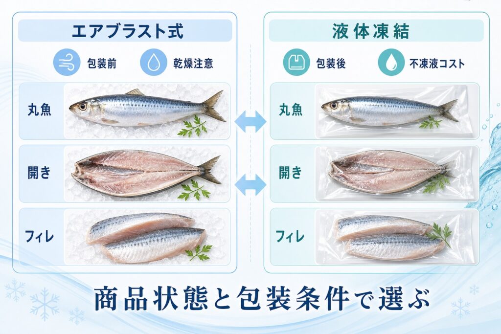 丸魚・開き・フィレのイワシでエアブラスト式(包装前)と液体凍結(包装後)を比較する図解