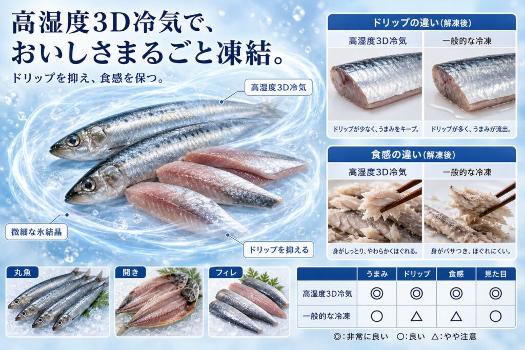 高湿度3D冷気でイワシ(丸魚・開き・フィレ)を均一に凍結する仕組み