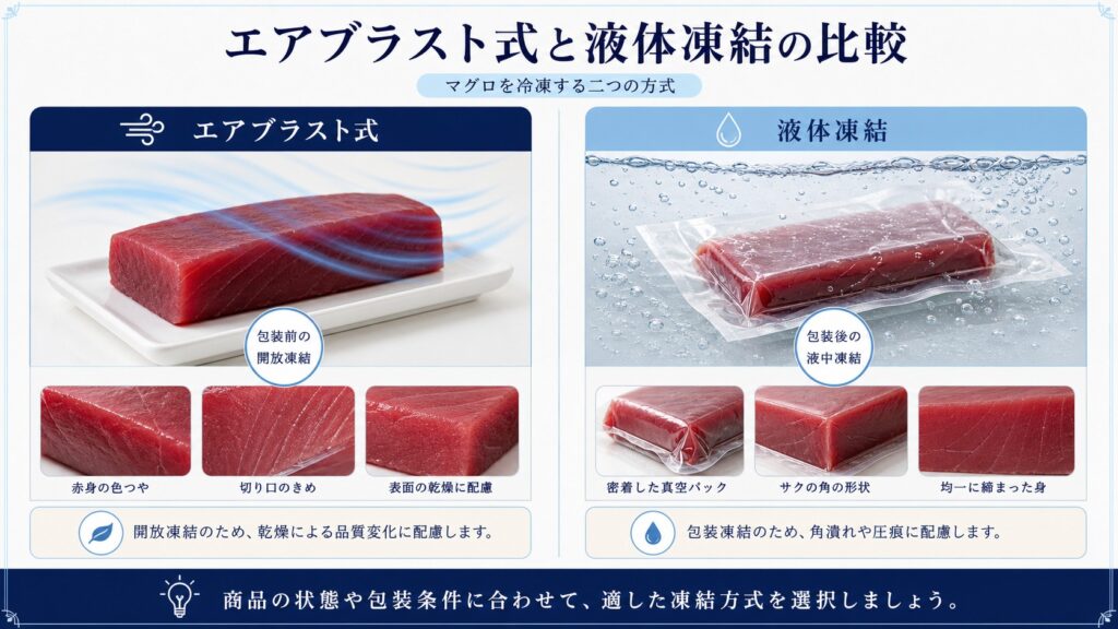 マグロの赤身サクで比べるエアブラスト式と液体凍結の特性