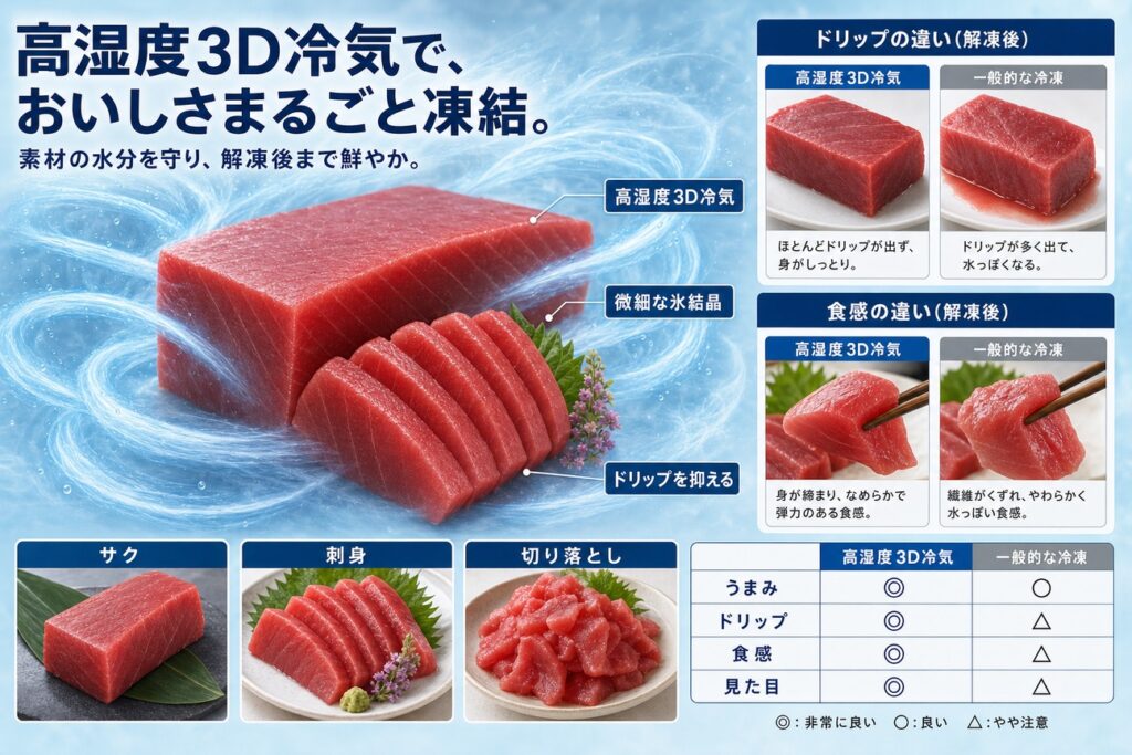 高湿度3D冷気でマグロ(サク・赤身・中トロ・刺身用)を均一に凍結する仕組み