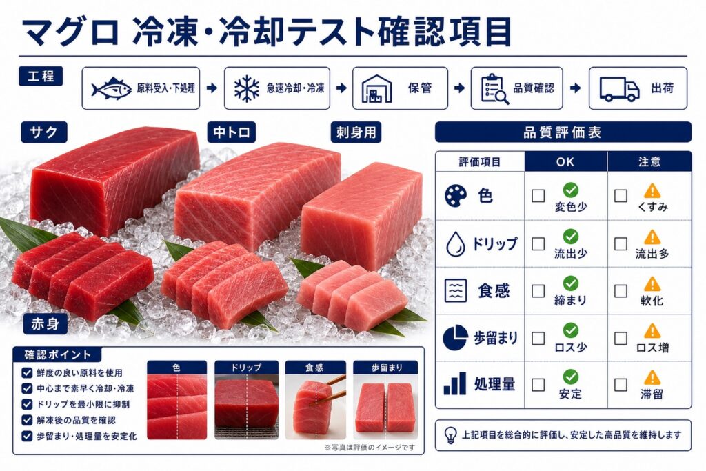 マグロ(サク・赤身・中トロ・刺身用)の冷凍・冷却テストの確認項目